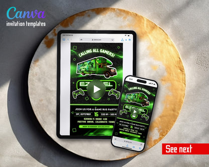 Video Game Bus Gamer Green Neon Video Birthday Invitation | Animated Evite | Editable Canva