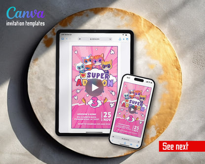 SuperKitties Pink Comic Kitty Burst Video Birthday Invitation | Animated Evite | Editable Canva