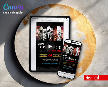 Horror Killer Movie Party Slasher Mask Panels Video Birthday Invitation | Animated Evite | Editable Canva