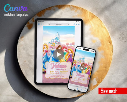 Disney Princess Pink Meadow Castle Princesses Video Birthday Invitation | Animated Evite | Editable Canva