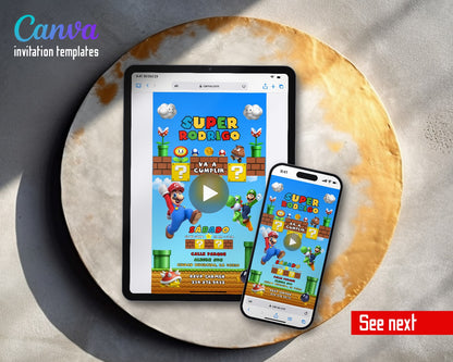 Super Mario Bros Spanish Blue Sky Blocks Video Birthday Invitation | Animated Evite | Editable Canva