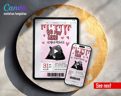 Horror Killer Movie Party Pink Ghostface Ticket Video Birthday Invitation | Animated Evite | Editable Canva