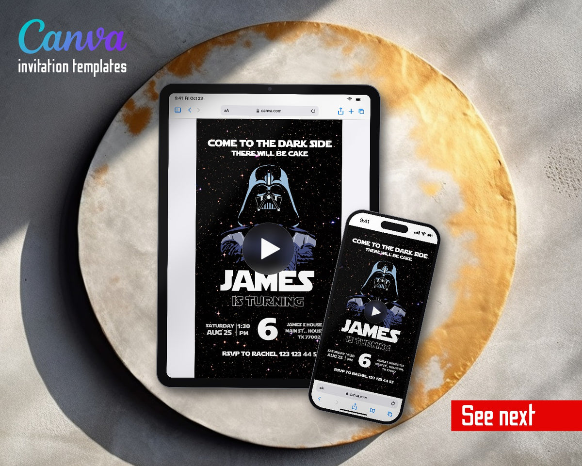 Starwars Vader Dark Side Cake Video Birthday Invitation | Animated Evite | Editable Canva