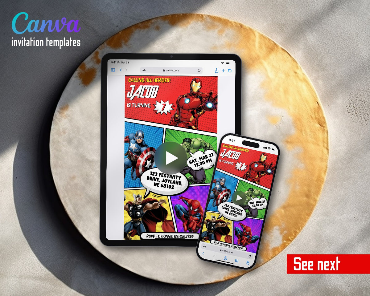 Avengers Four Color Hero Panels Video Birthday Invitation | Animated Evite | Editable Canva