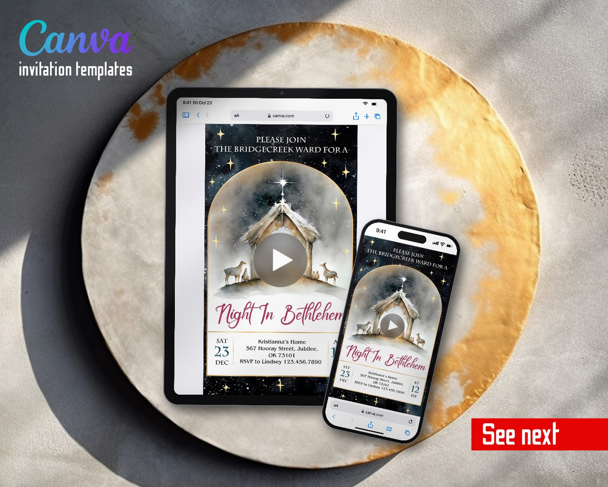 A Night In Bethlehem Nativity Arch Magenta Title Video Birthday Invitation | Animated Evite | Editable Canva
