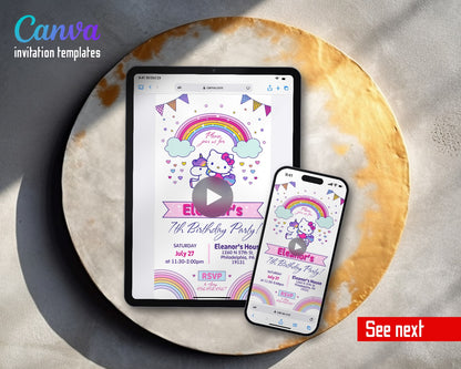Hello Kitty Sanrio Unicorn Rainbow Video Birthday Invitation | Animated Evite | Editable Canva