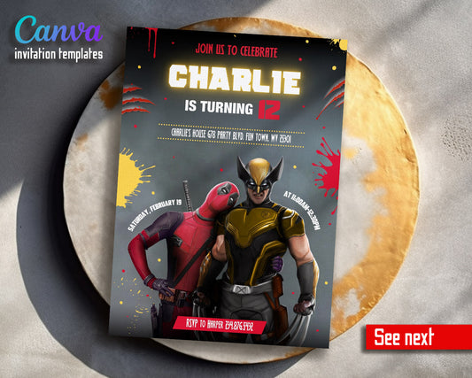 Deadpool Wolverine Marvel  customizable invitation template | Share or Print | boy | VS891