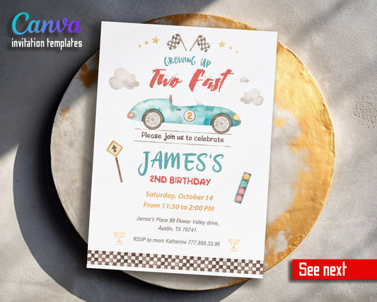 Race Car 2nd Bday Watercolor customizable invitation template | Share or Print | boy | YP598