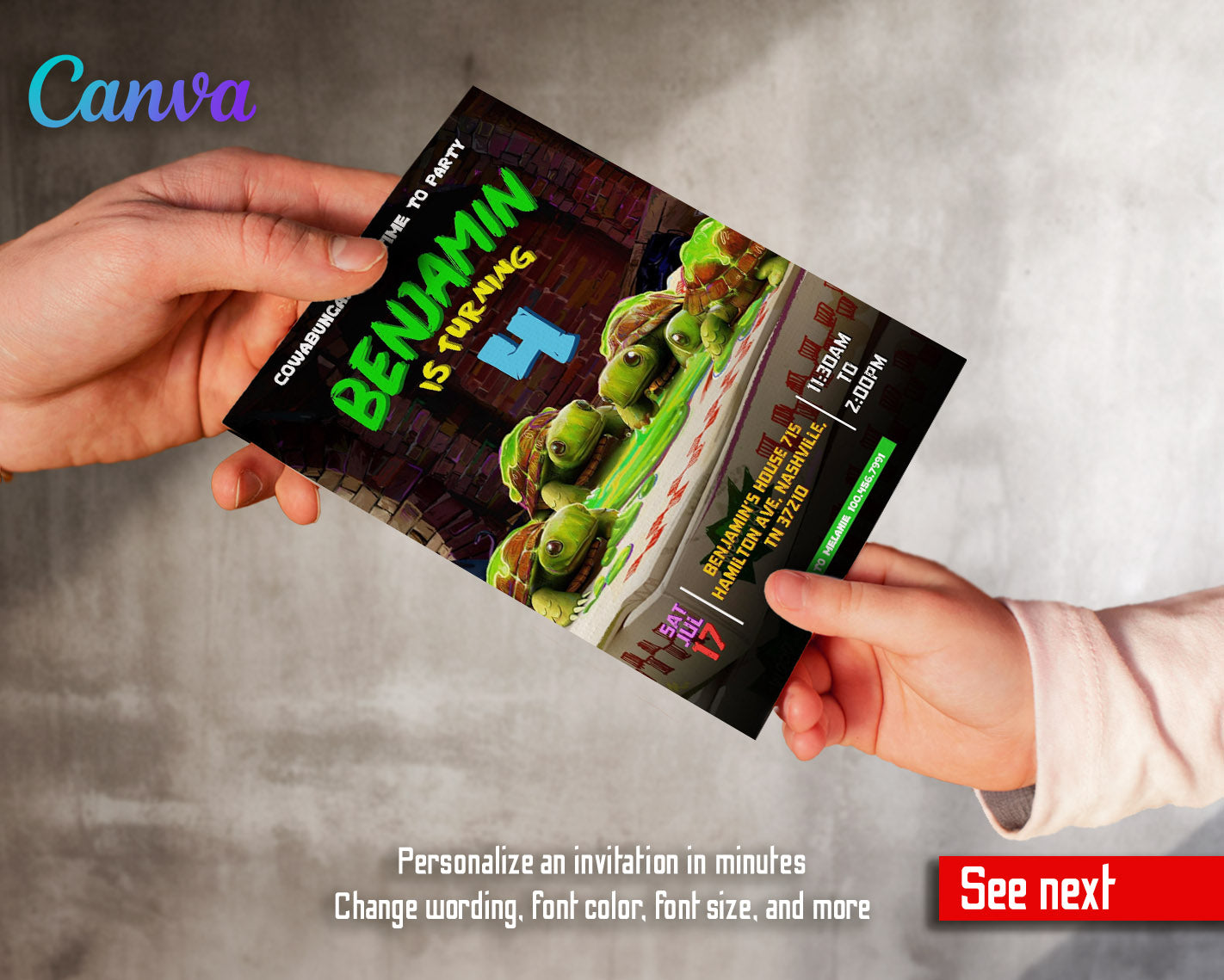 Teenage Mutant Ninja Turtles Mutant Mayhem customizable invitation template | Share or Print | boy | WX026