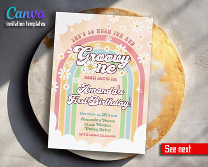 Groovy One First Birthday customizable invitation template | Share or Print |  | NL959