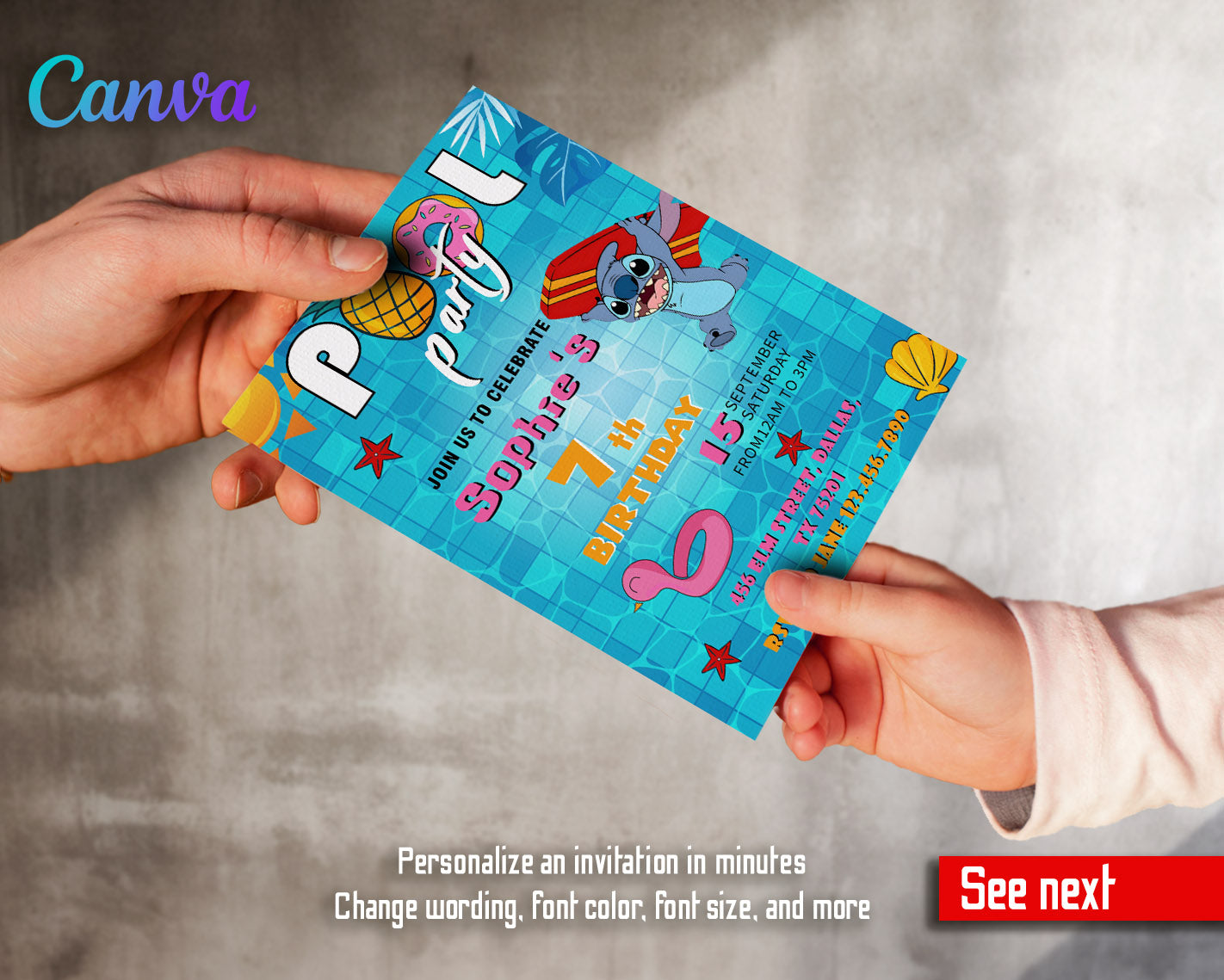 Lilo & Stitch Pool customizable invitation template | Share or Print |  | WE384