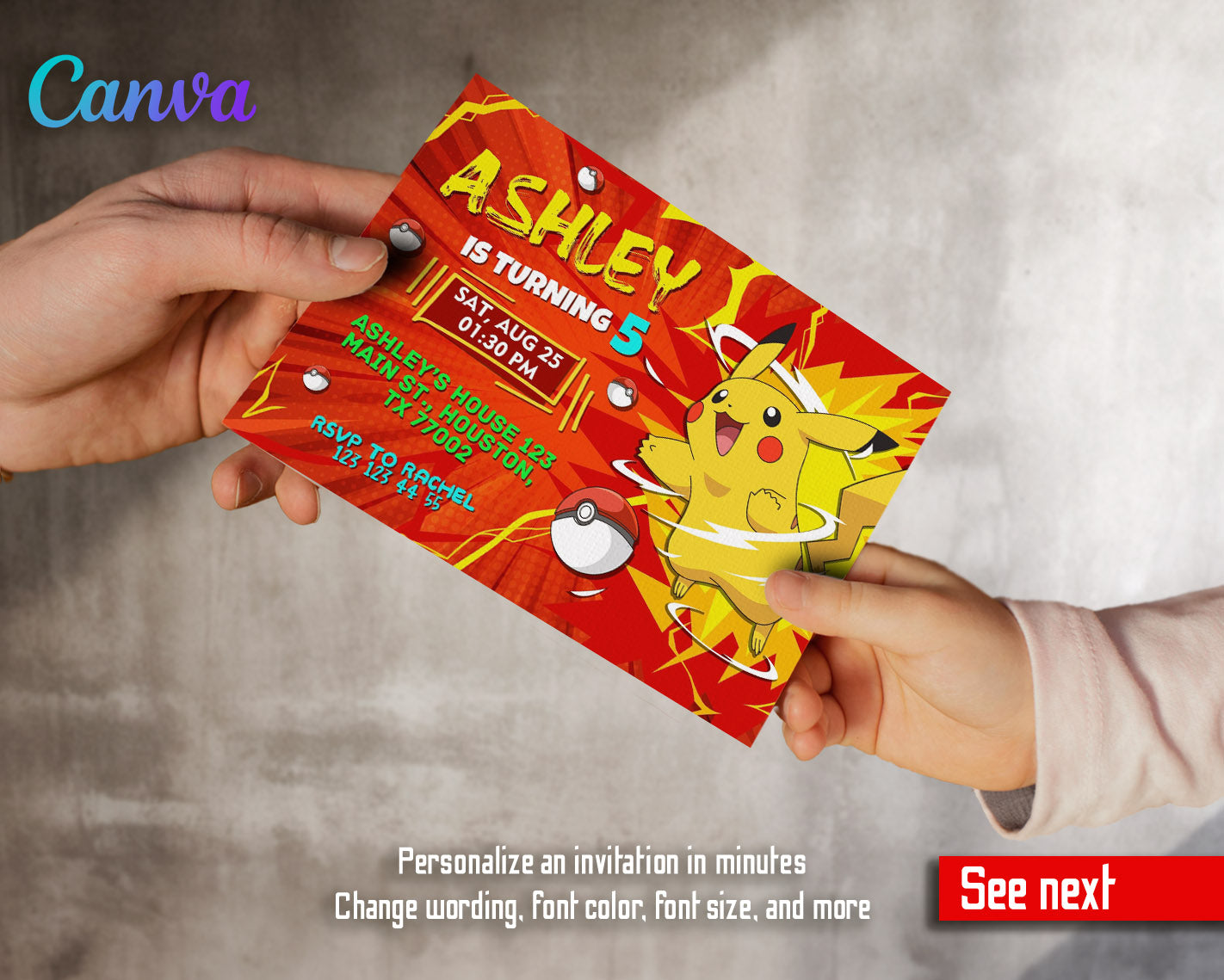 Pokemon Pikachu  customizable invitation template | Share or Print |  | OJ077