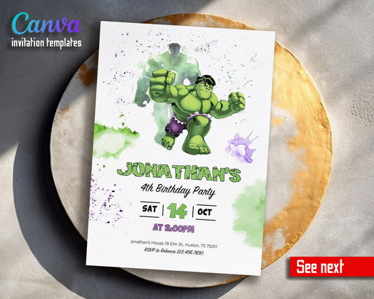 Hulk The Avengers Marvel Superhero customizable invitation template | Share or Print | boy | UT004