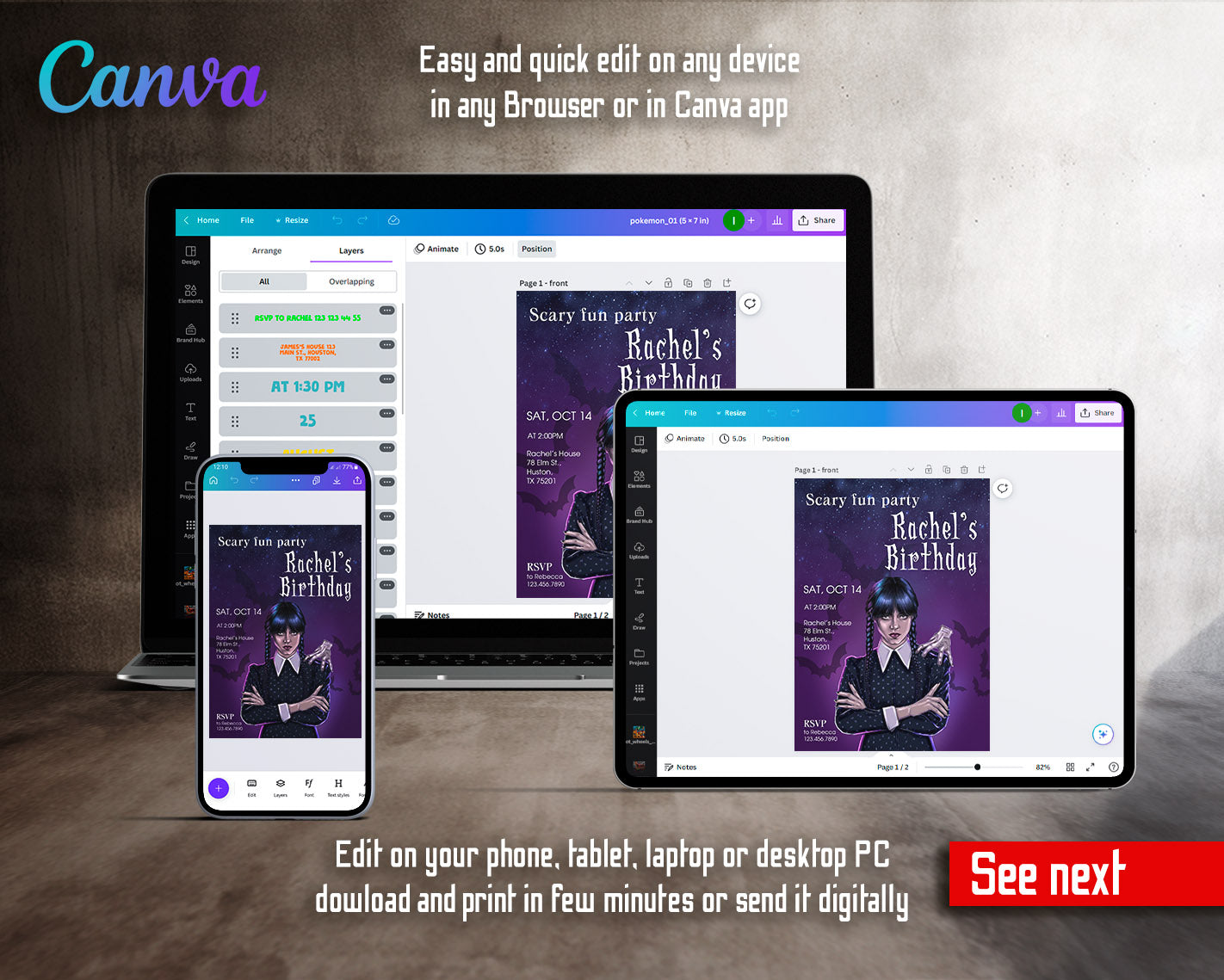 Wednesday Addams customizable invitation template | Share or Print | girl | CW993