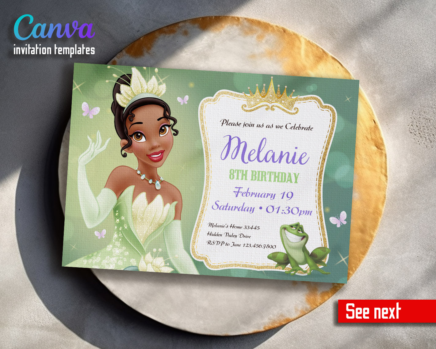 Tiana Frog Princess  customizable invitation template | Share or Print | girl | NZ645