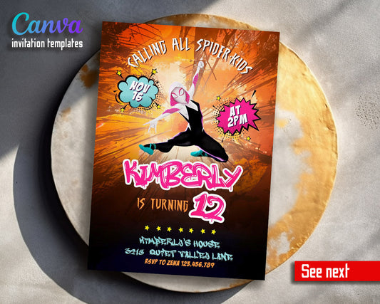 Spider Gwen Ghost Spidey  customizable invitation template | Share or Print | girl | JF149