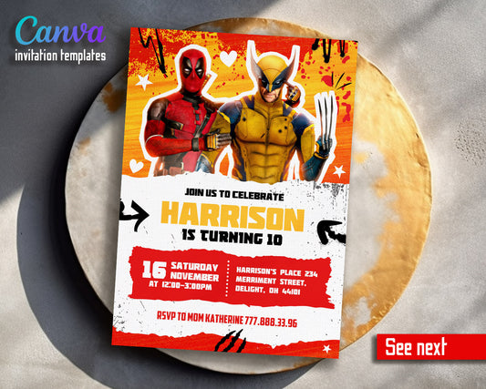 Deadpool Wolverine Marvel  customizable invitation template | Share or Print | boy | PZ357