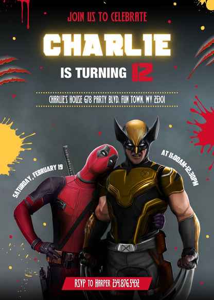 Deadpool Wolverine Marvel  customizable invitation template | Share or Print | boy | VS891