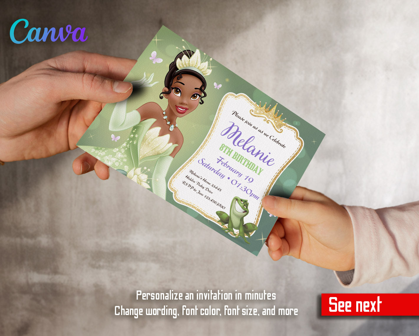 Tiana Frog Princess  customizable invitation template | Share or Print | girl | NZ645