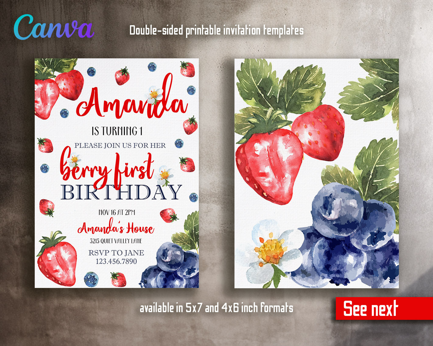 Berry First Birthday customizable invitation template | Share or Print | girl | GZ257