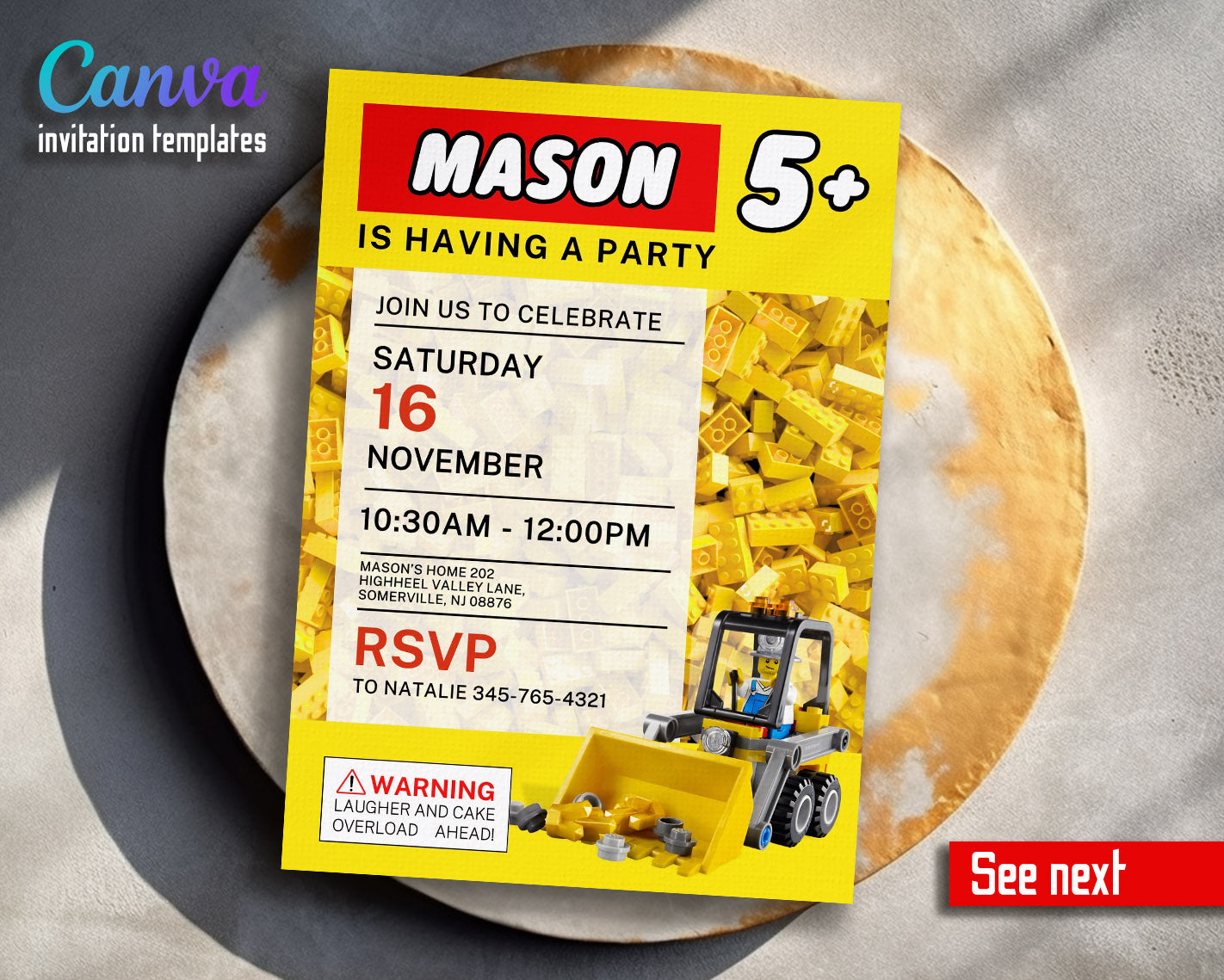 Lego Excavator customizable invitation template | Share or Print | boy | IZ003