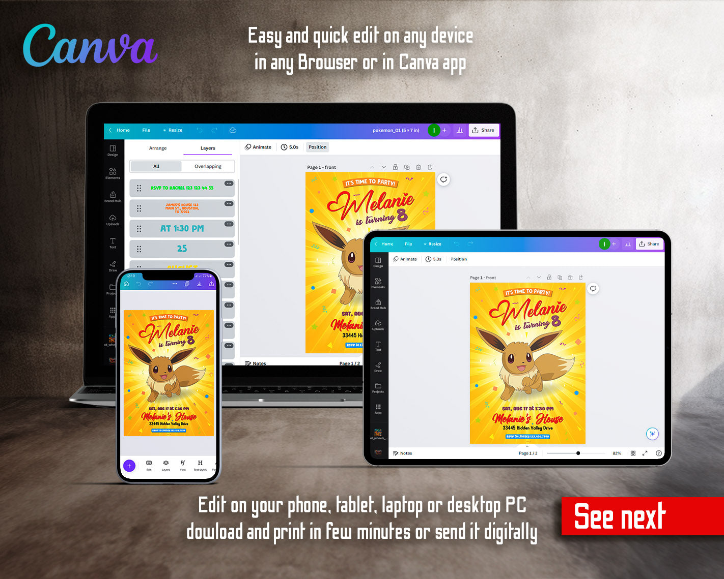 Eevee Pokemon Anime customizable invitation template | Share or Print |  | FC516