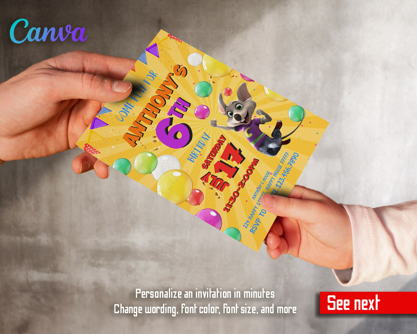 Chuck E. Cheese customizable invitation template | Share or Print |  | QL808