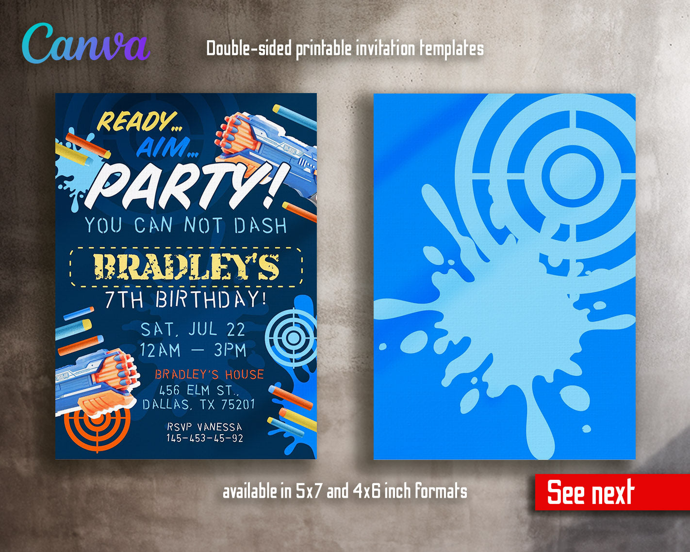 Dart Gun NERF Blaster  customizable invitation template | Share or Print | boy | BN399