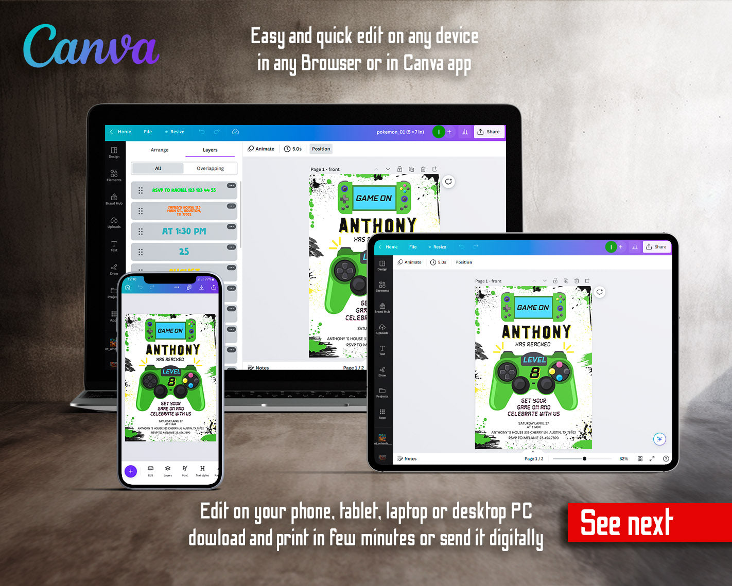 Gamer Party customizable invitation template | Share or Print | boy | HR967