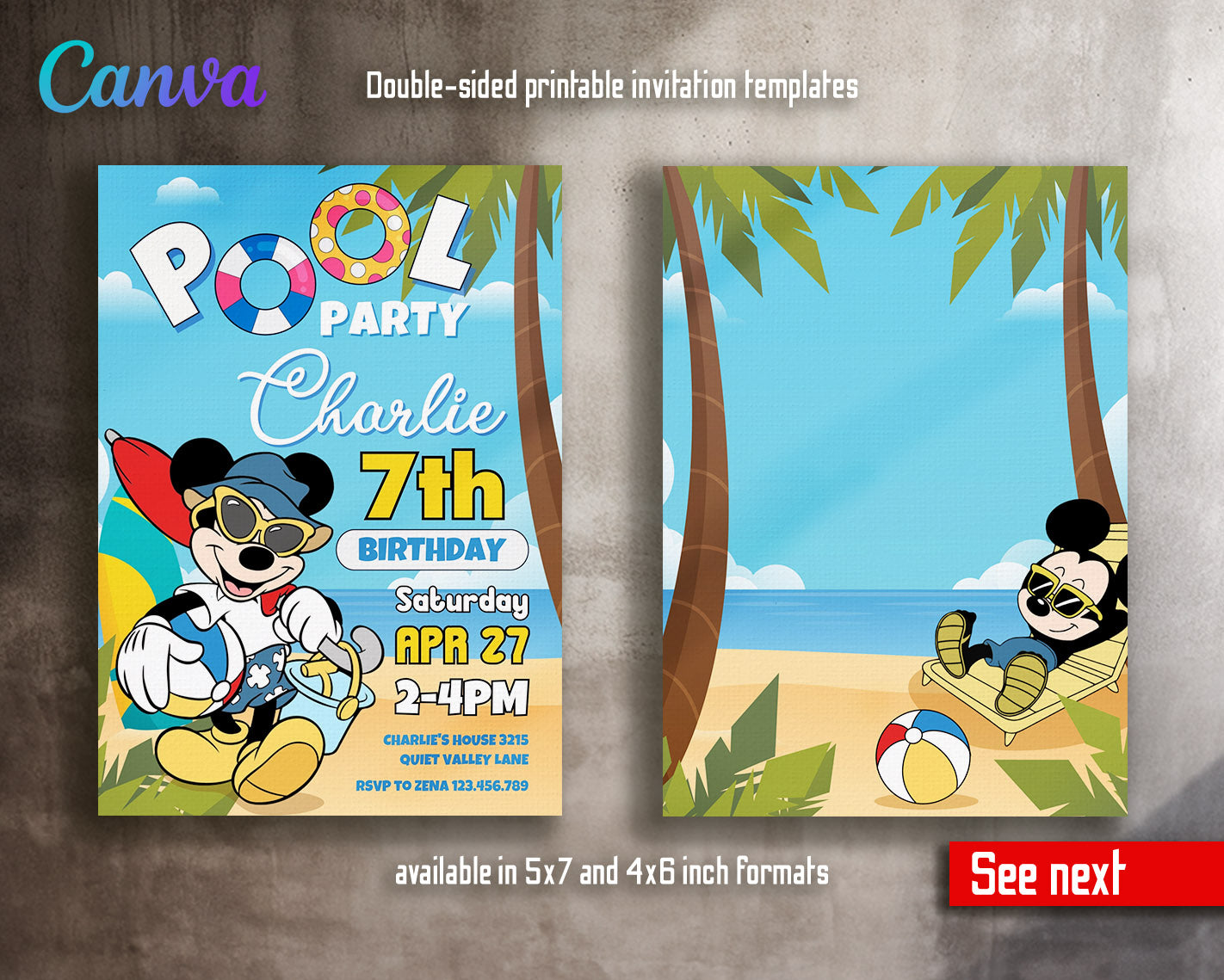 Mickey Mouse Pool Party customizable invitation template | Share or Print |  | YA608