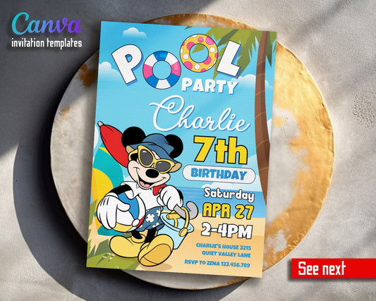 Mickey Mouse Pool Party customizable invitation template | Share or Print |  | YA608