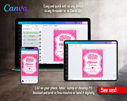 Barbie Pink  customizable invitation template | Share or Print | girl | UZ254