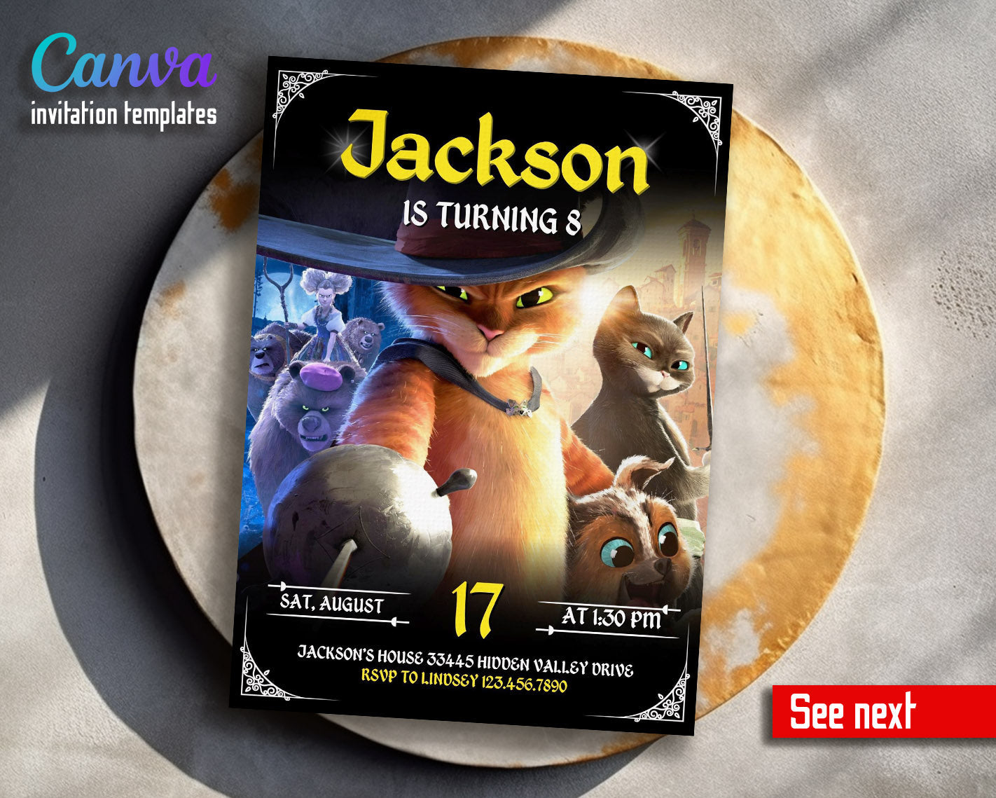 Puss in Boots Cat Shrek customizable invitation template | Share or Print |  | NV485