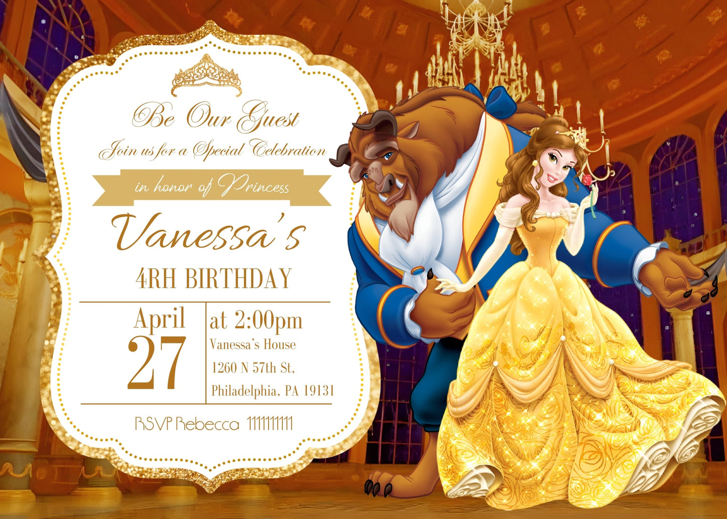 Belle Beauty And The Beast customizable invitation template | Share or Print | girl | HX973