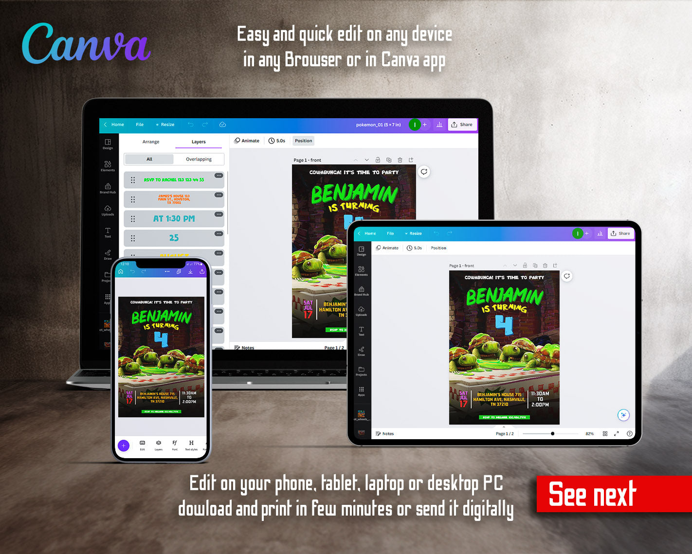 Teenage Mutant Ninja Turtles Mutant Mayhem customizable invitation template | Share or Print | boy | WX026