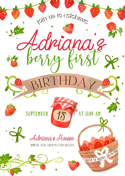 Berry First Birthday customizable invitation template | Share or Print | girl | EJ635