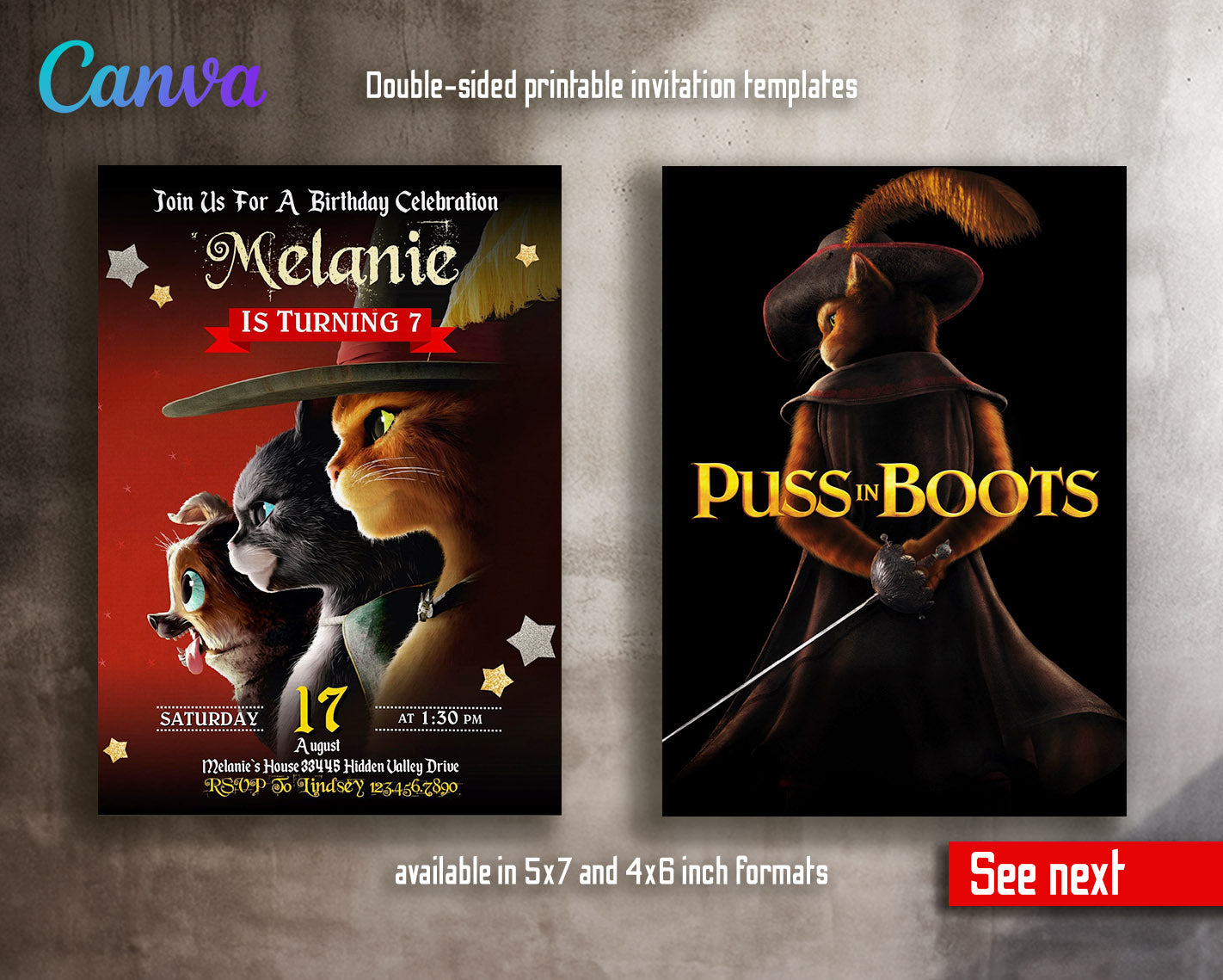 Puss in Boots Cat Shrek customizable invitation template | Share or Print |  | RC733