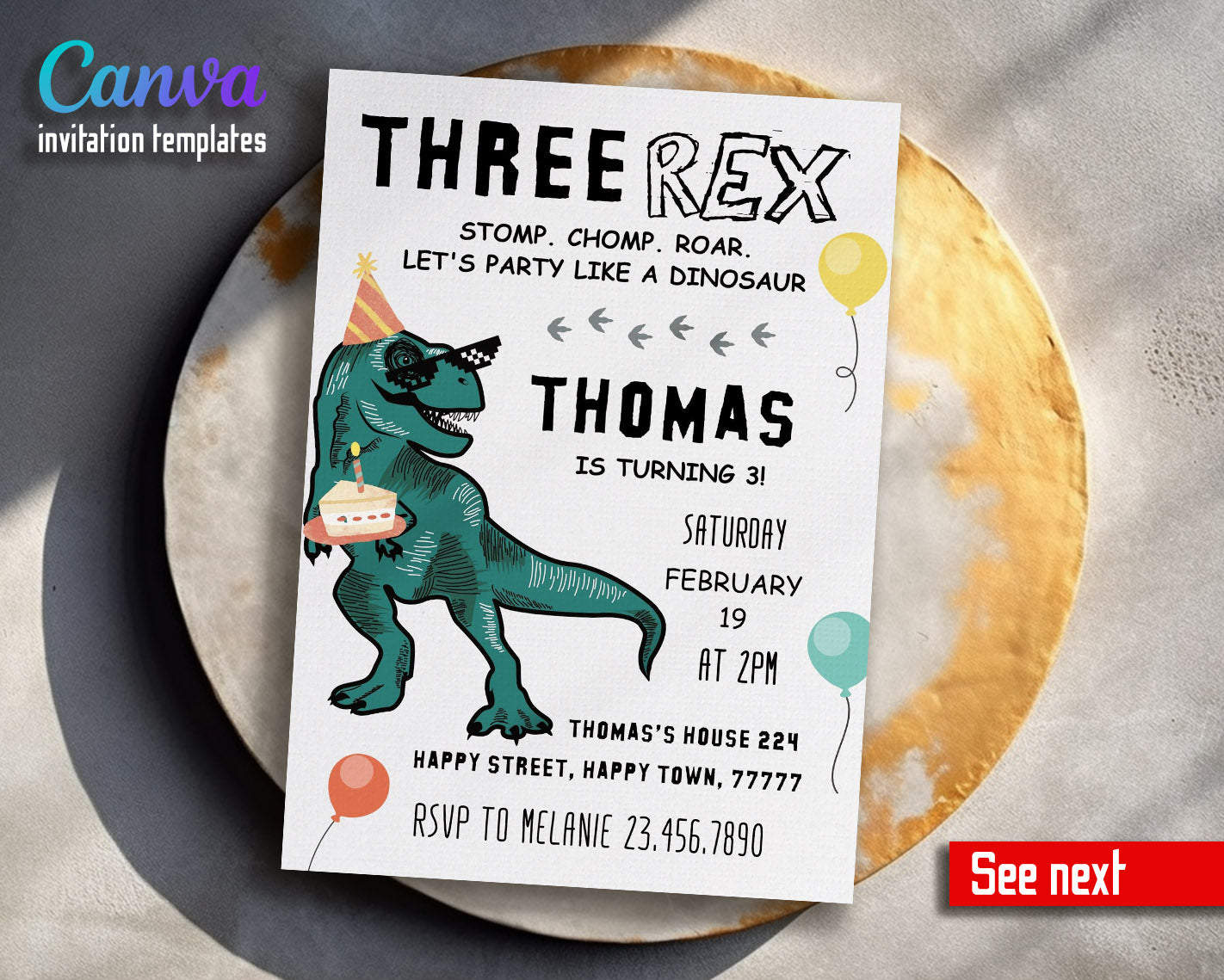 Dinosaur T-Rex customizable invitation template | Share or Print |  | RD738