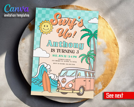 Groovy Surfvan Surfing customizable invitation template | Share or Print |  | BK592