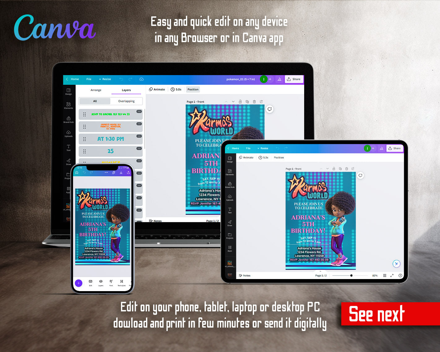 Karma's World customizable invitation template | Share or Print | girl | TQ907