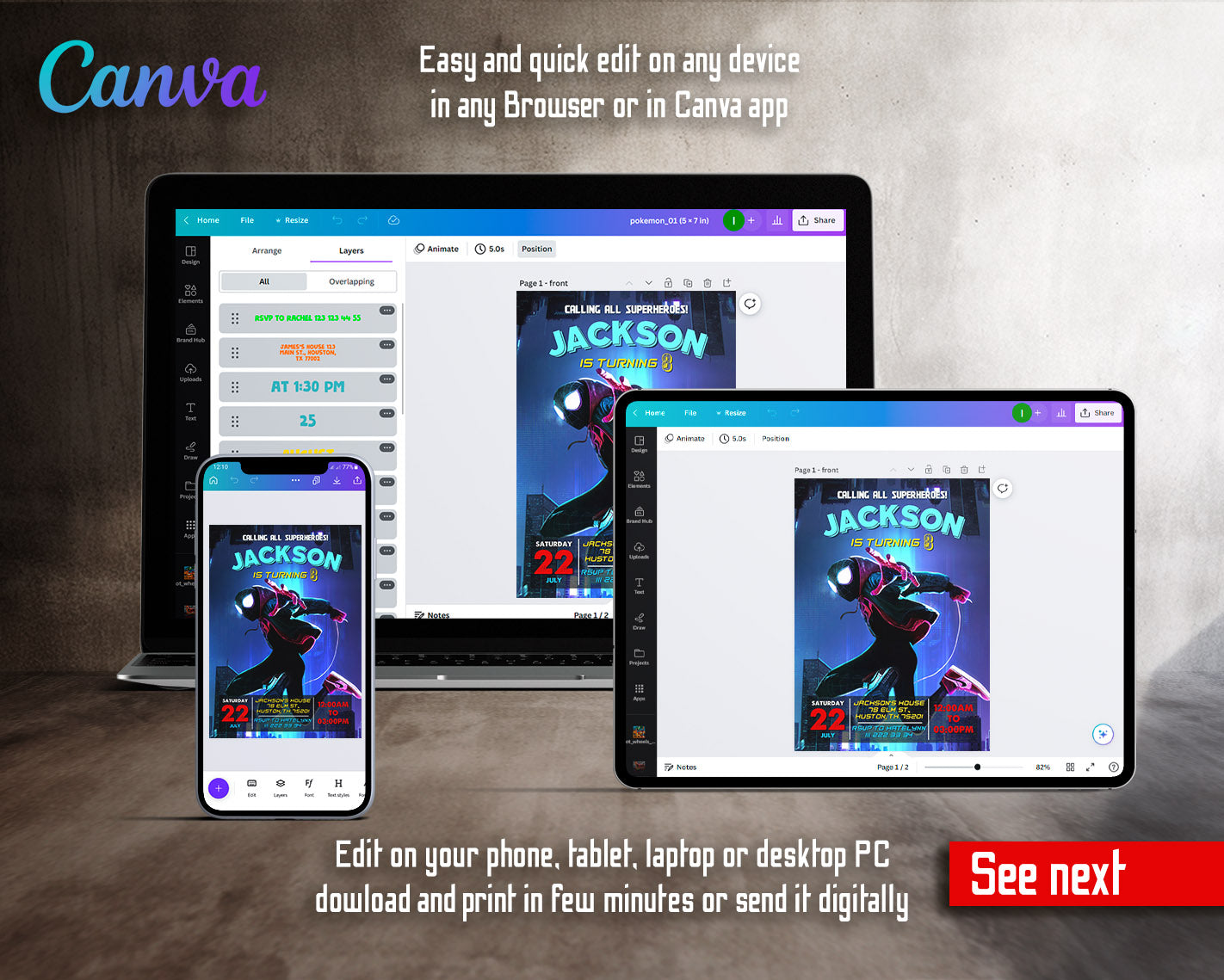 Spider Man Across the Spider-Verse customizable invitation template | Share or Print | boy | BH247