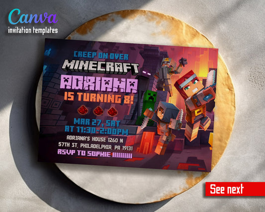 Minecraft Gamer customizable invitation template | Share or Print | | BR119