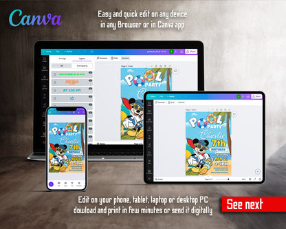 Mickey Mouse Pool Party customizable invitation template | Share or Print |  | YA608