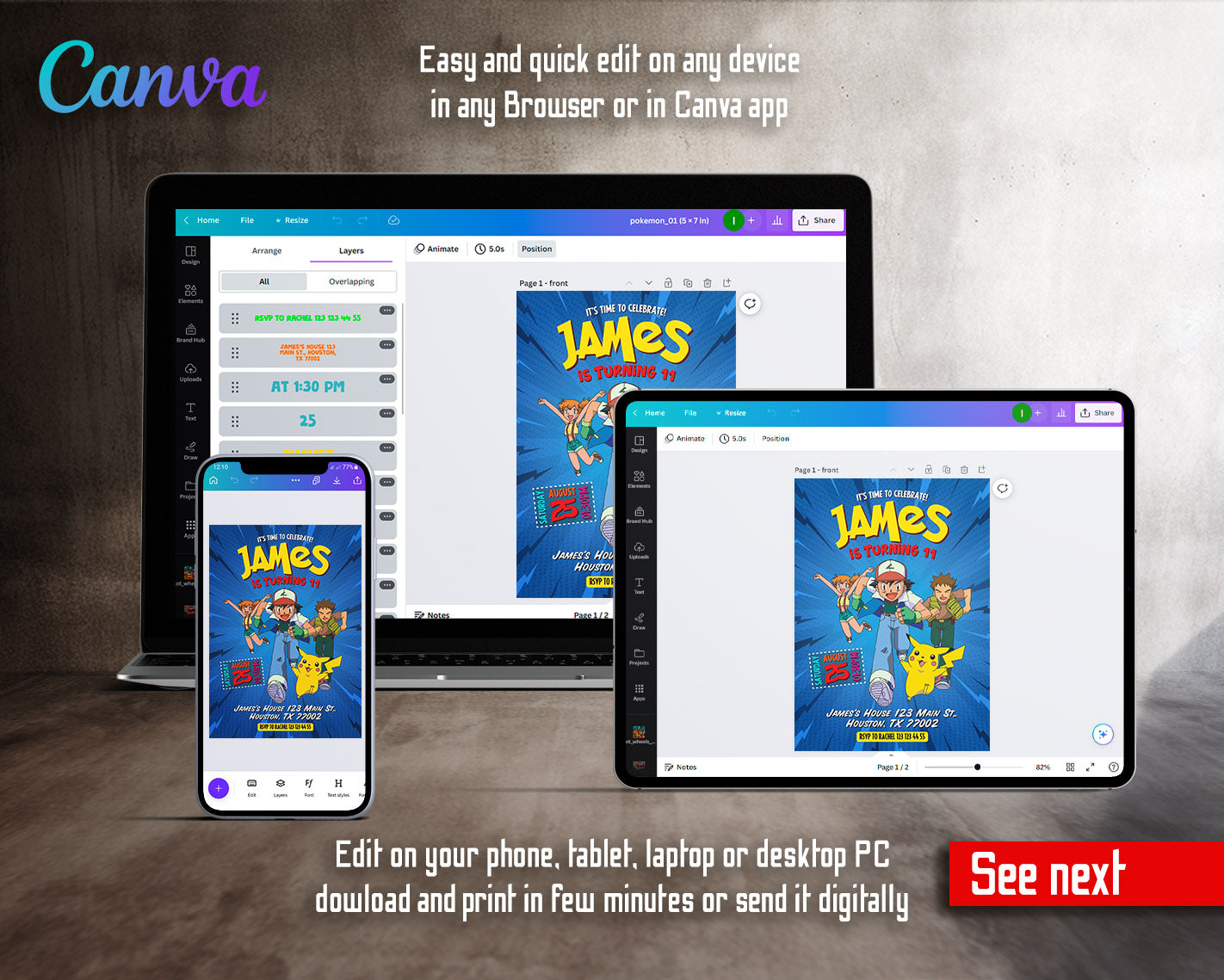 Pokemon Pikachu  customizable invitation template | Share or Print |  | KM722