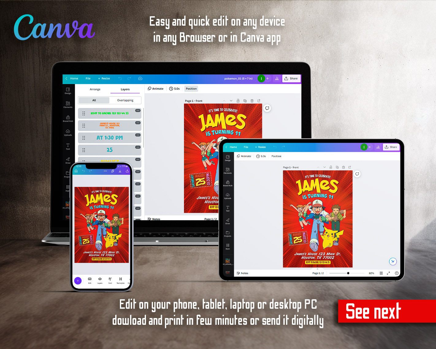 Pokemon Pikachu  customizable invitation template | Share or Print |  | EV193