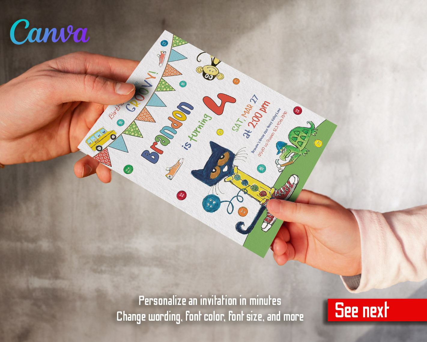 Pete the Cat customizable invitation template | Share or Print |  | GT174