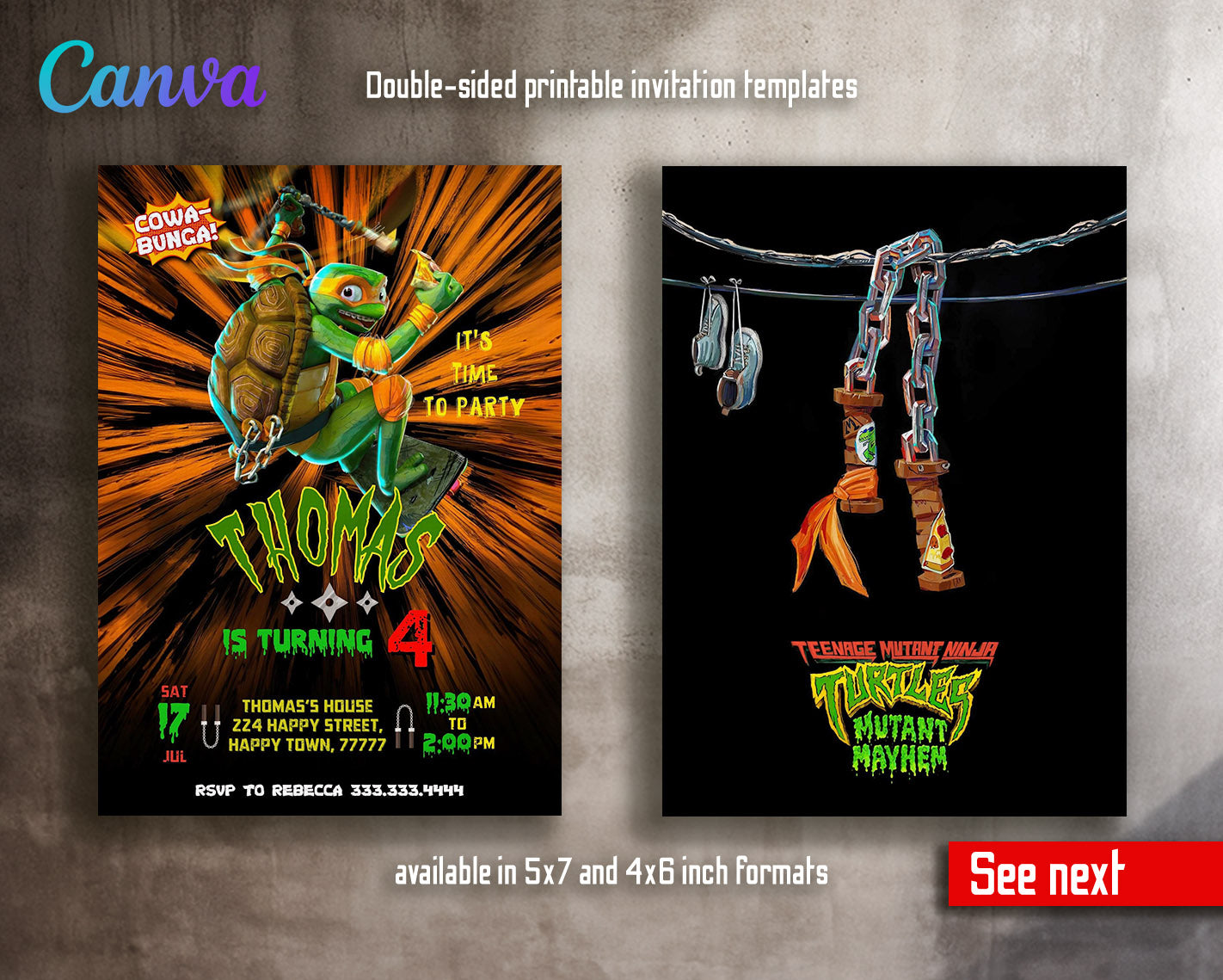 Teenage Mutant Ninja Turtles Mutant Mayhem customizable invitation template | Share or Print | boy | OP532