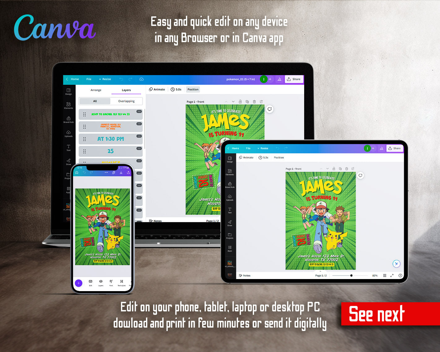 Pokemon Pikachu  customizable invitation template | Share or Print |  | NO020