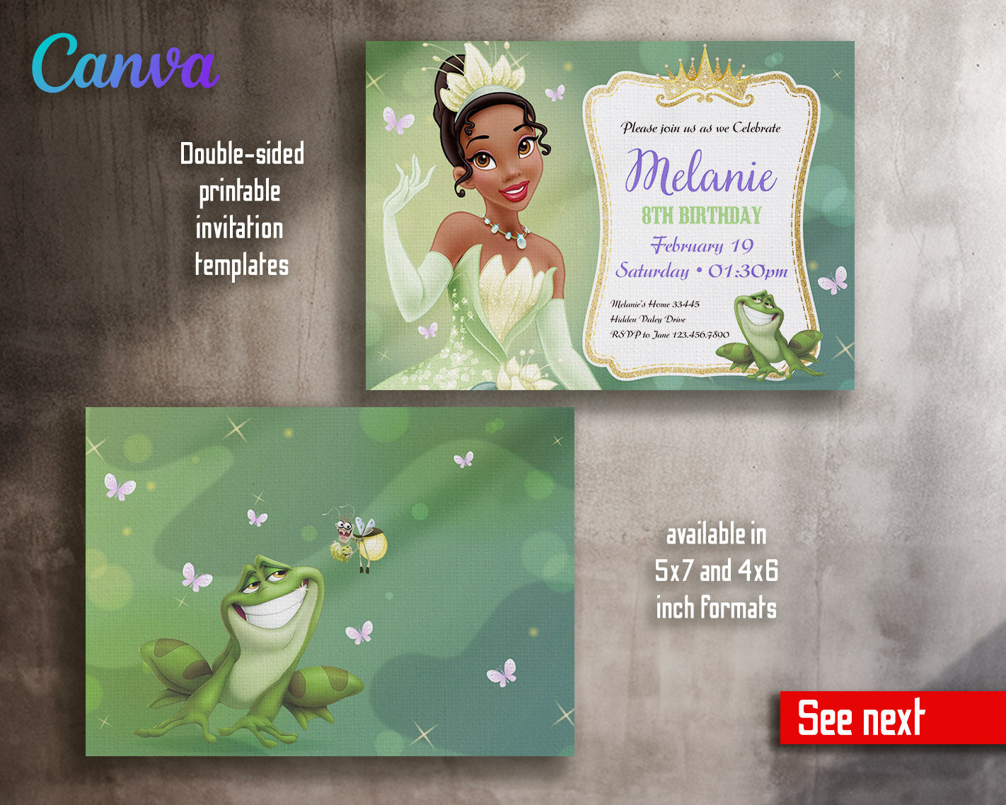 Tiana Frog Princess  customizable invitation template | Share or Print | girl | NZ645