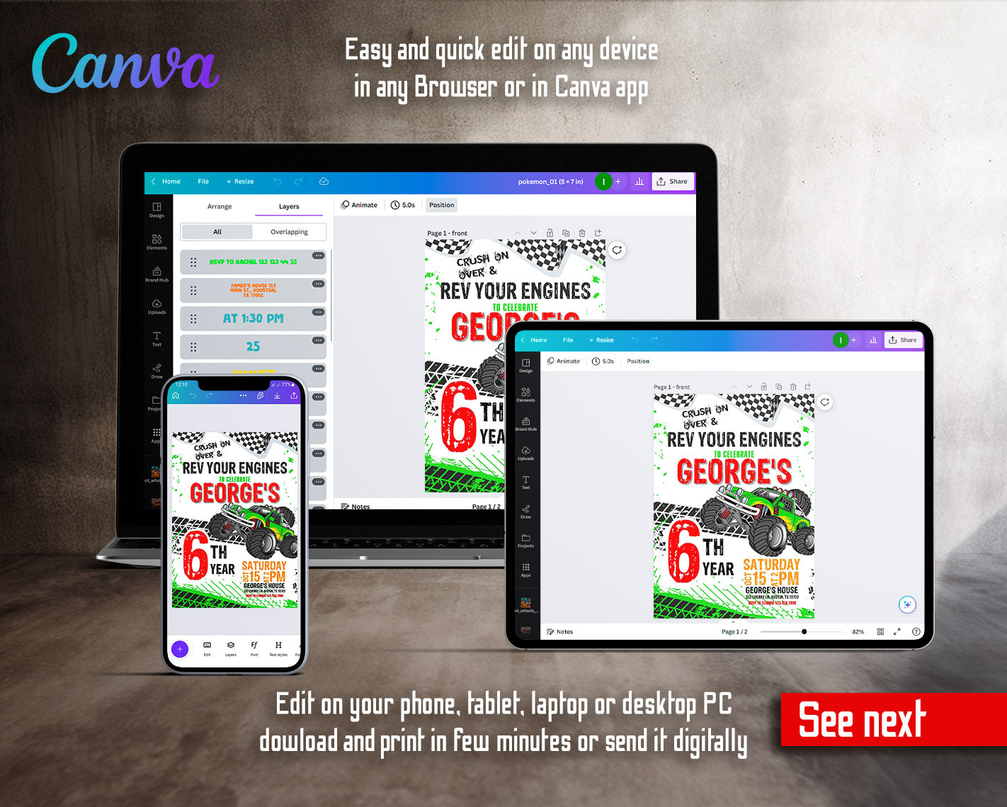 Monster Truck customizable invitation template | Share or Print | boy | VM011